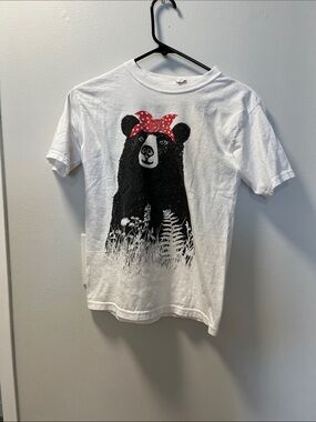Kids White T-Shirt with Black Bear Graphic and Red Polka Dot Bow